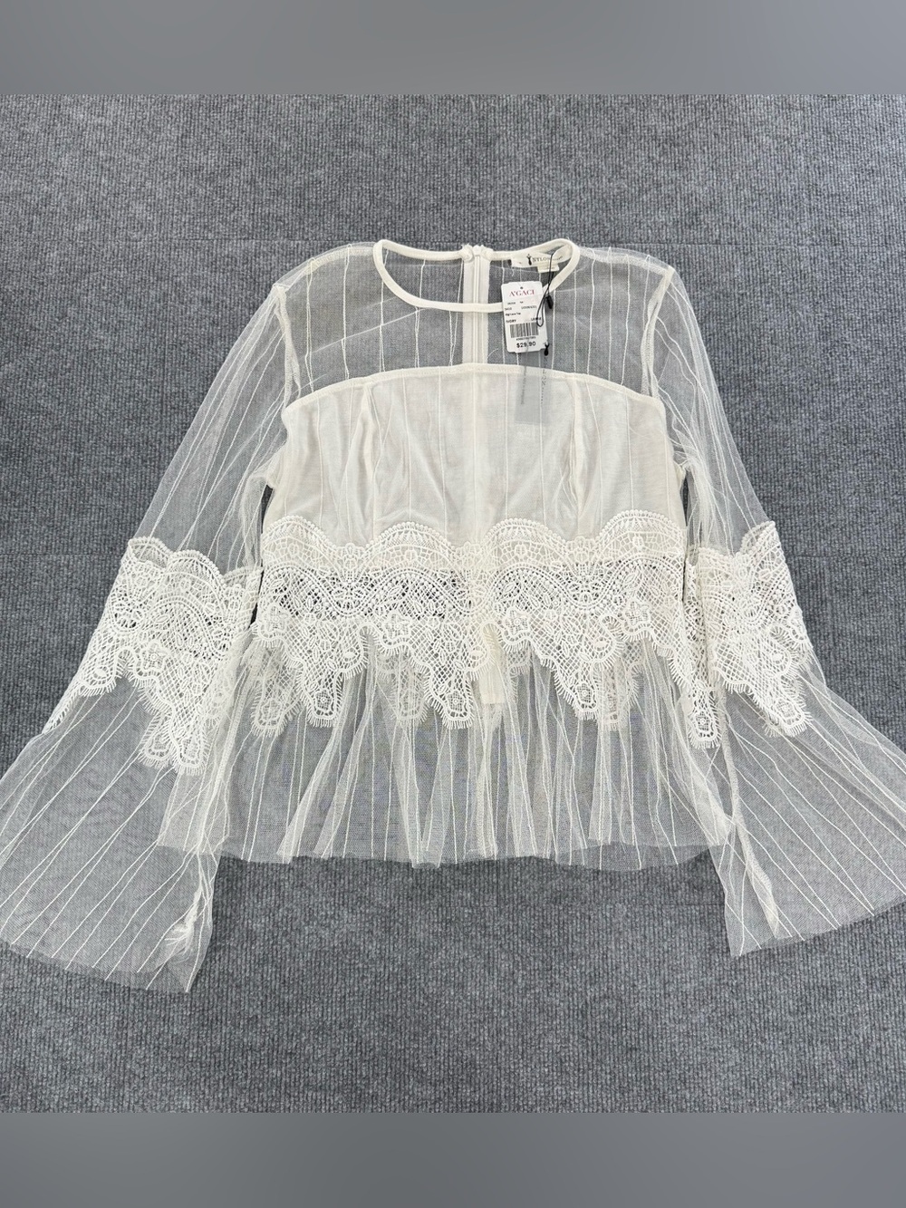 Nylon Apparel Sheer Lace Mesh Bell Sleeve Blouse L Cream Crochet Coquette Tiered